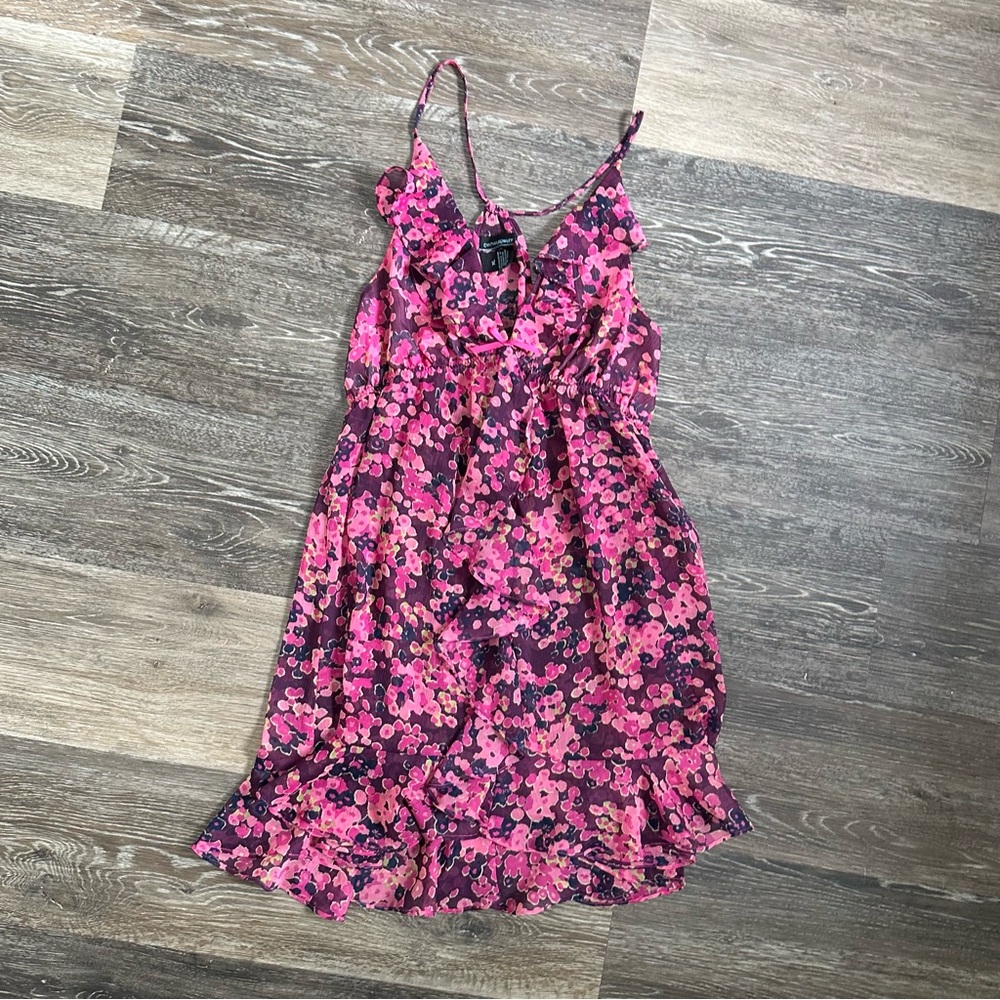 Cynthia Rowley Sheer Purple Floral Ruffle Mini Slip Dress XL Y2K Coquette